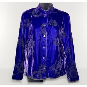 Vtg Chicos 0 Jacket Womens 6-8 Purple Blue Velvet Blazer Top Silk Embroidered